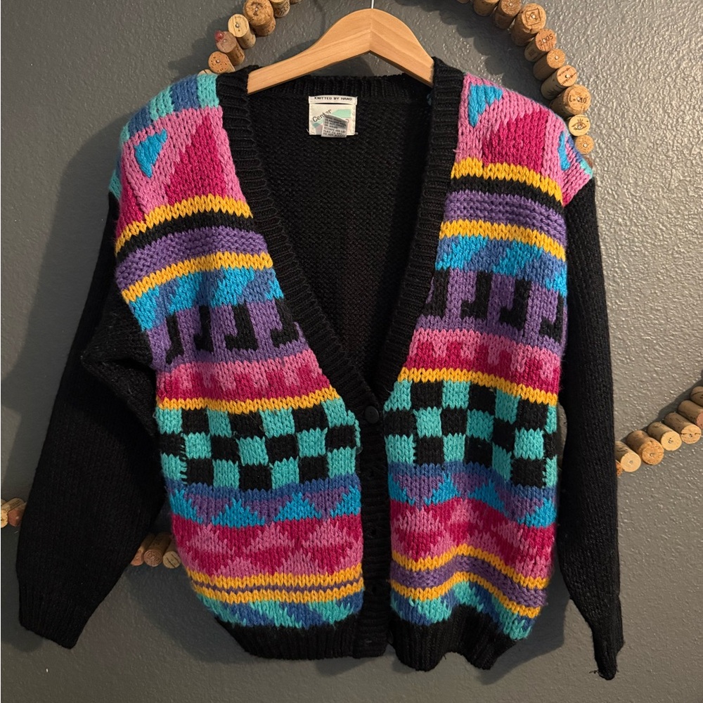 Vintage Colorful Geometric Patterned Button Up Cardigan